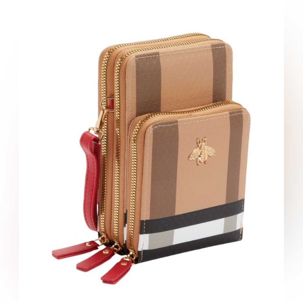 NWT Plaid 3-Compartment Crossbody With Bee Ornament (Like Burberry)
